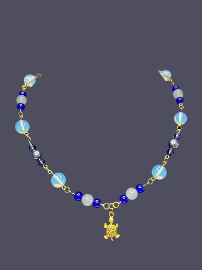 Sparkling Iridescent Blue and Royal Blue Necklace with Gold Turtle Charm