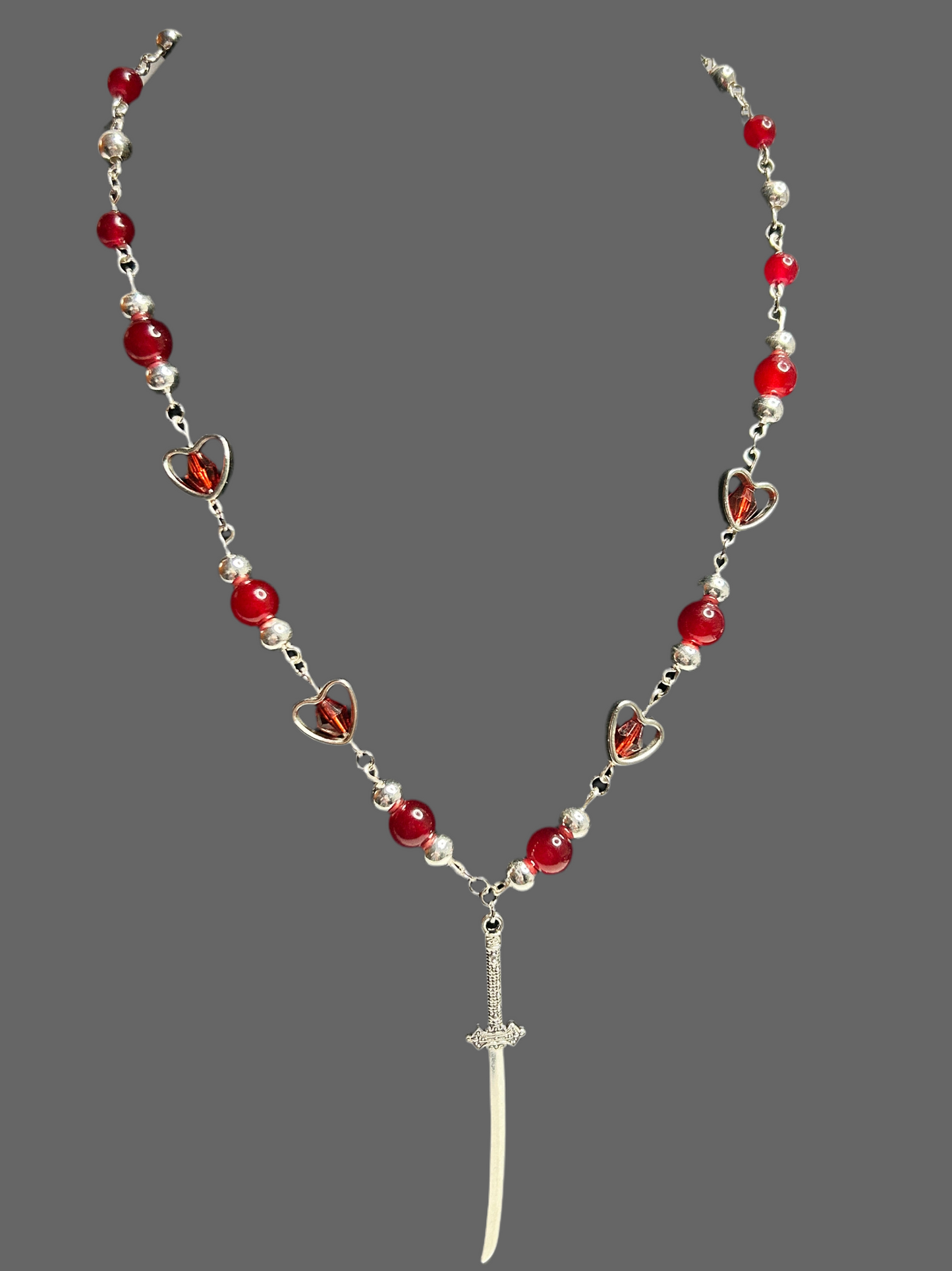 Red Heart Necklace with Katana Sword Charm