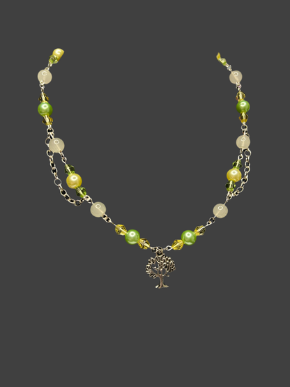 Vibrant Green and Yellow Necklace with Tree of Life Charm