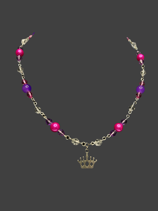 Charming Pink and Purple Glossy Pearl Necklace with Crown Charm