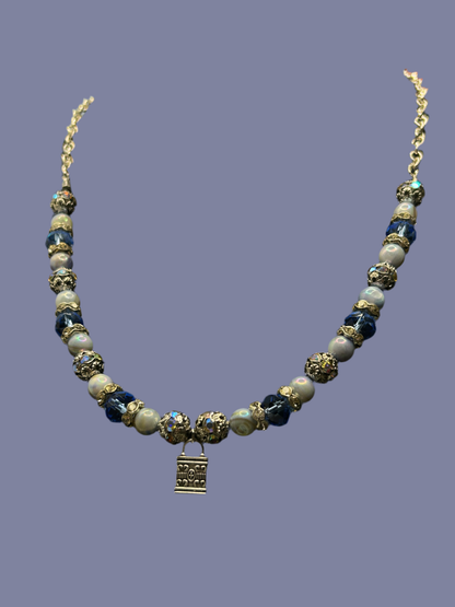 Elegant Deep Blue and Iridescent Silver Necklace with Lock Charm