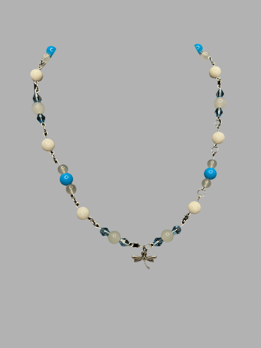 Bold Sky Blue and Cream Pearls with Dragonfly Charm