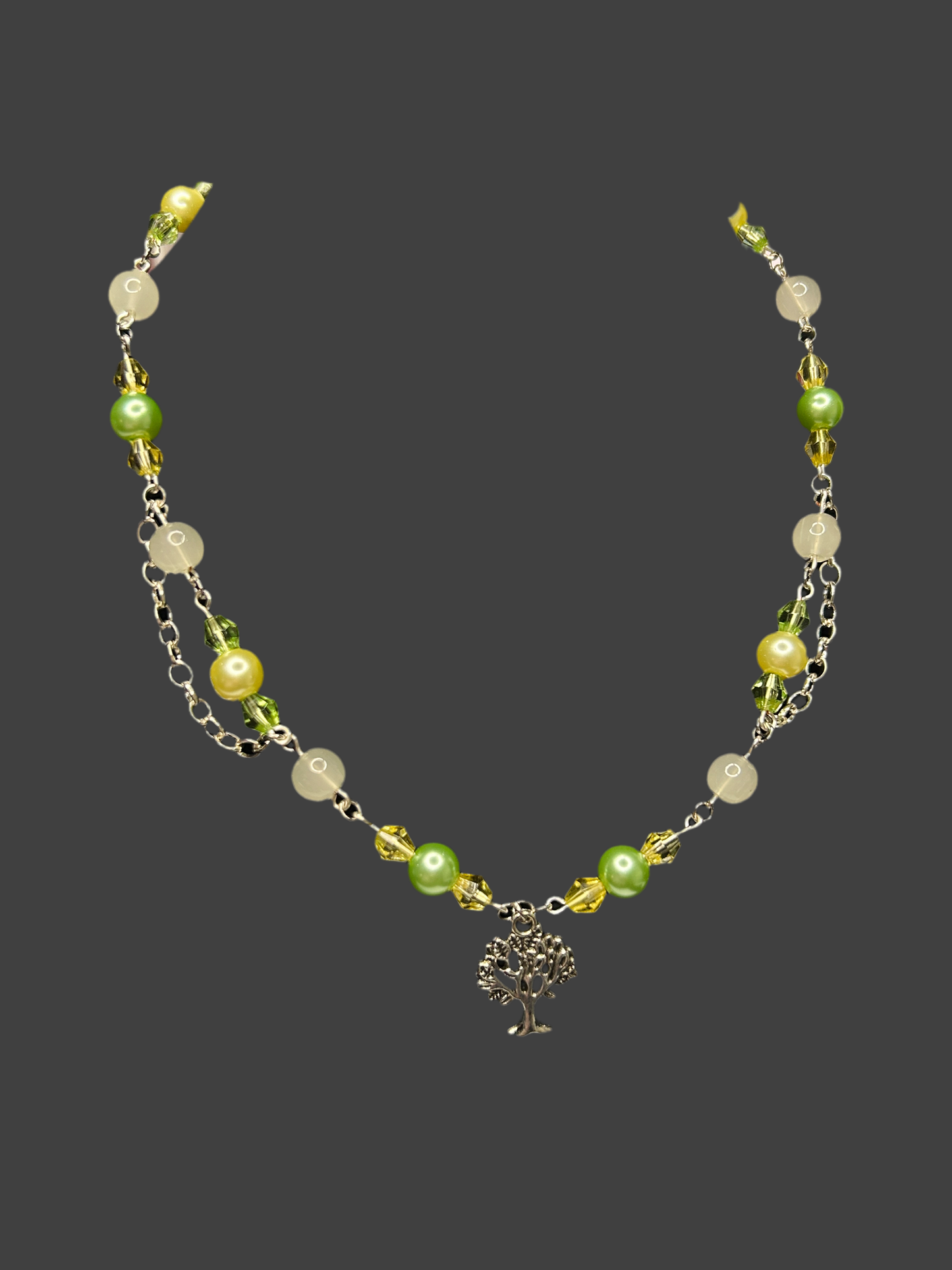 Vibrant Green and Yellow Necklace with Tree of Life Charm