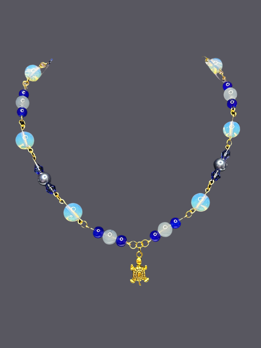 Sparkling Iridescent Blue and Royal Blue Necklace with Gold Turtle Charm