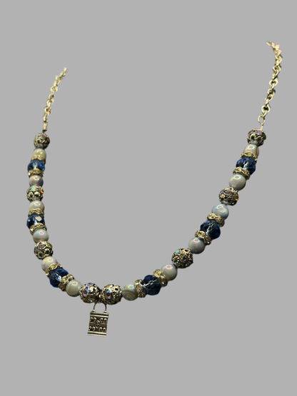 Elegant Deep Blue and Iridescent Silver Necklace with Lock Charm