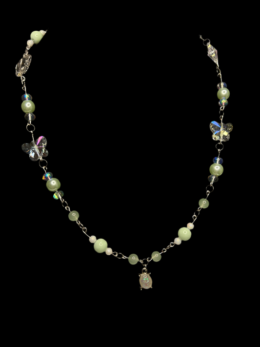 Graceful Mint Green and Pearl Necklace with Opal Charm