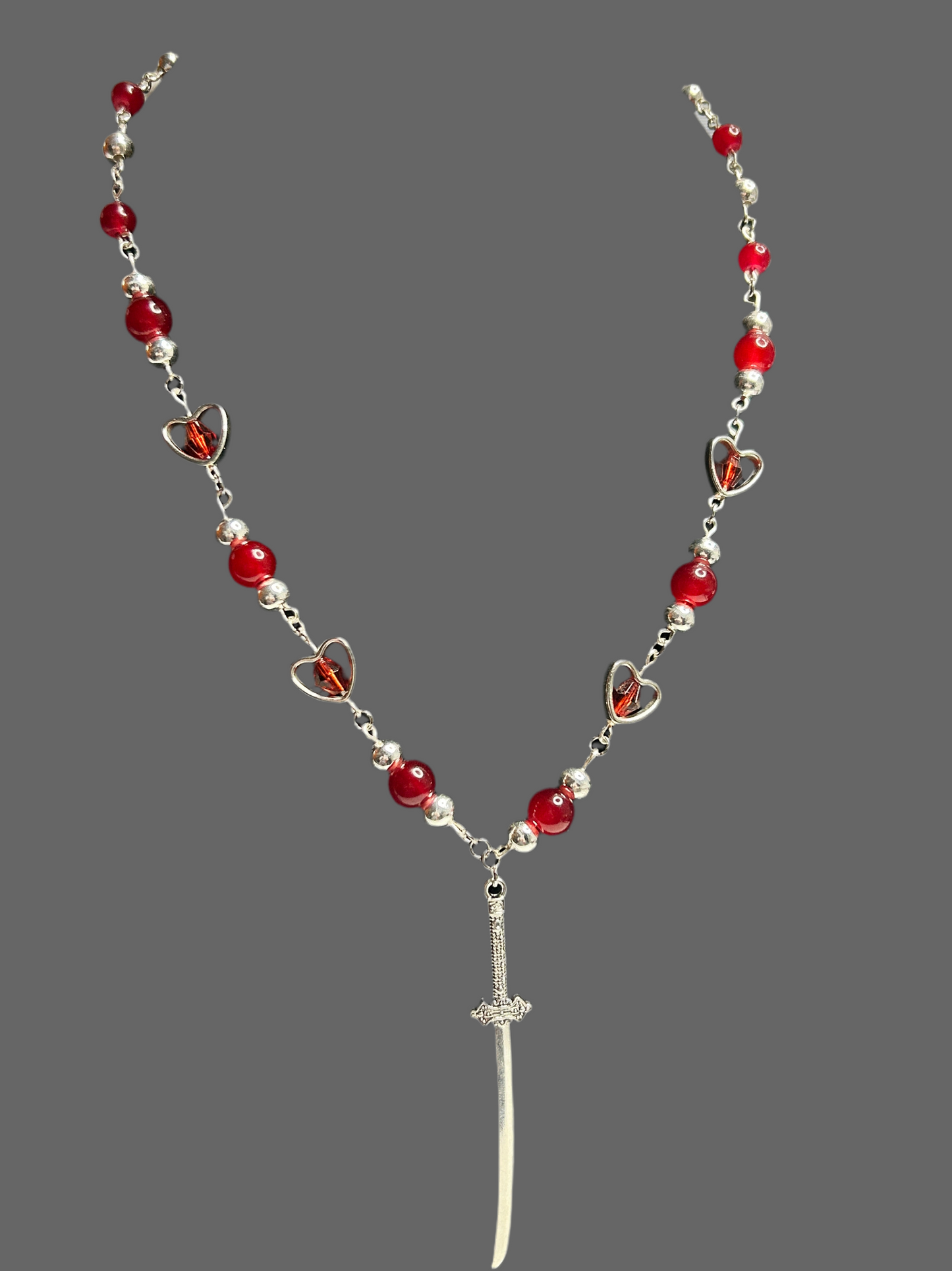 Red Heart Necklace with Katana Sword Charm