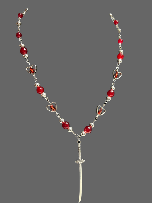 Red Heart Necklace with Katana Sword Charm